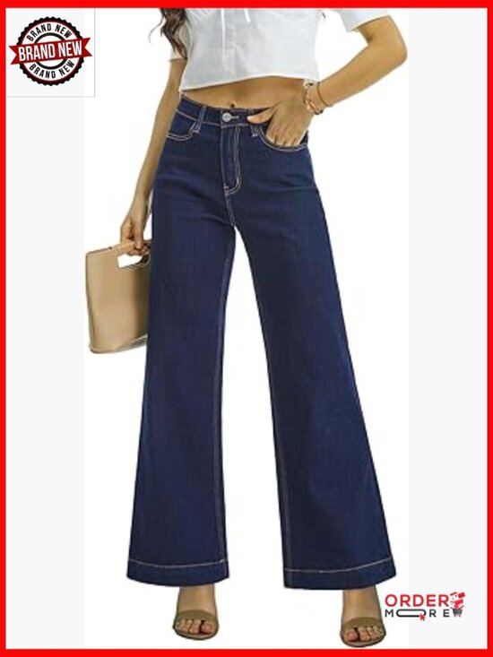 Denim - High Waist Wide Leg Flare Jeans Stretch Tummy Control Denim Pants 30 Inseam